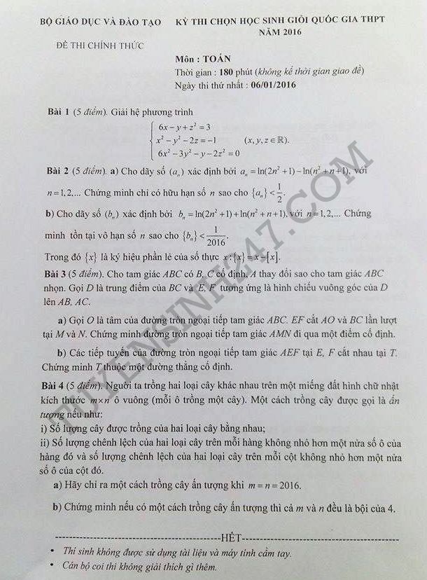 De thi hoc sinh gioi Quoc gia THPT mon Toan nam 2016