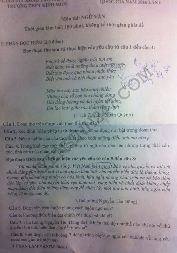 De thi thu THPT Quoc gia 2016 mon Van THPT Kinh Mon
