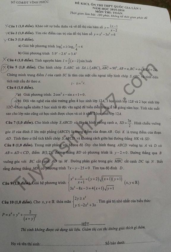 De thi thu THPT mon Toan 2016 So GD Vinh Phuc - Lan 1