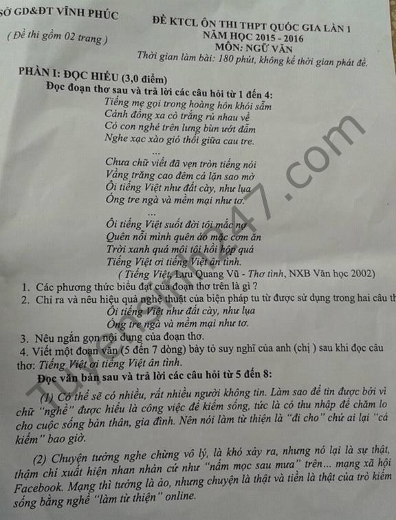 De thi thu THPT mon Van So GD Vinh Phuc nam 2016 - Lan 1
