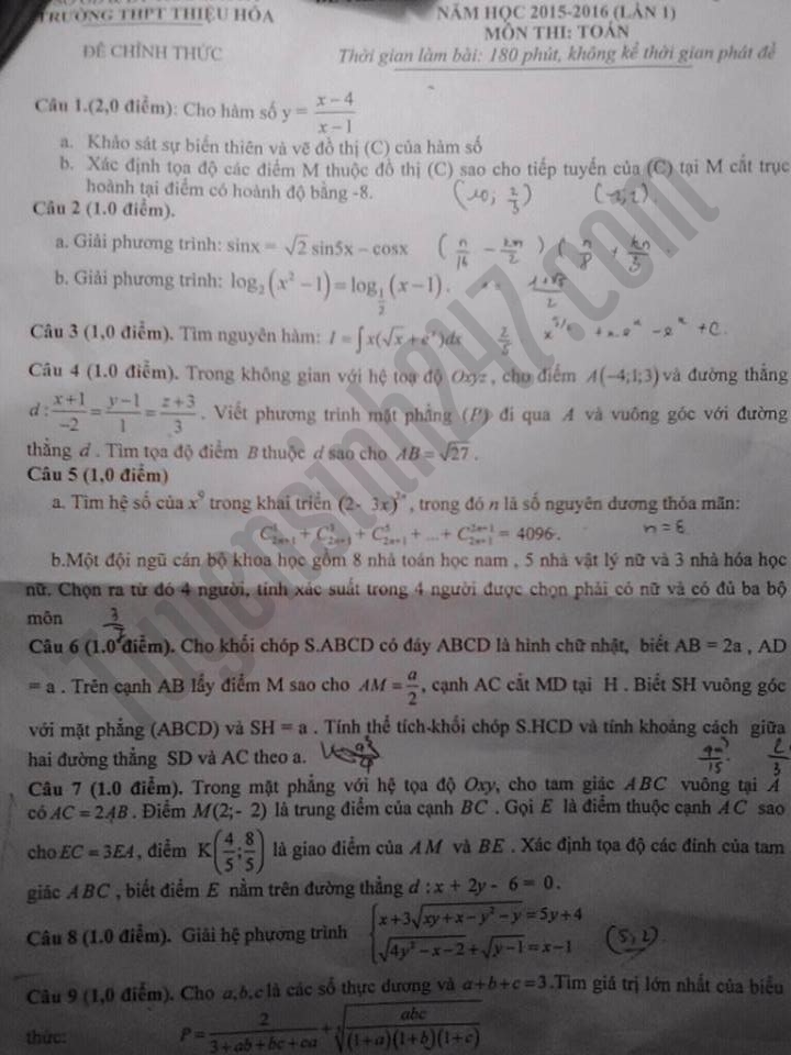 De thi thu THPT Quoc gia mon Toan nam 2016 - THPT Thieu Hoa