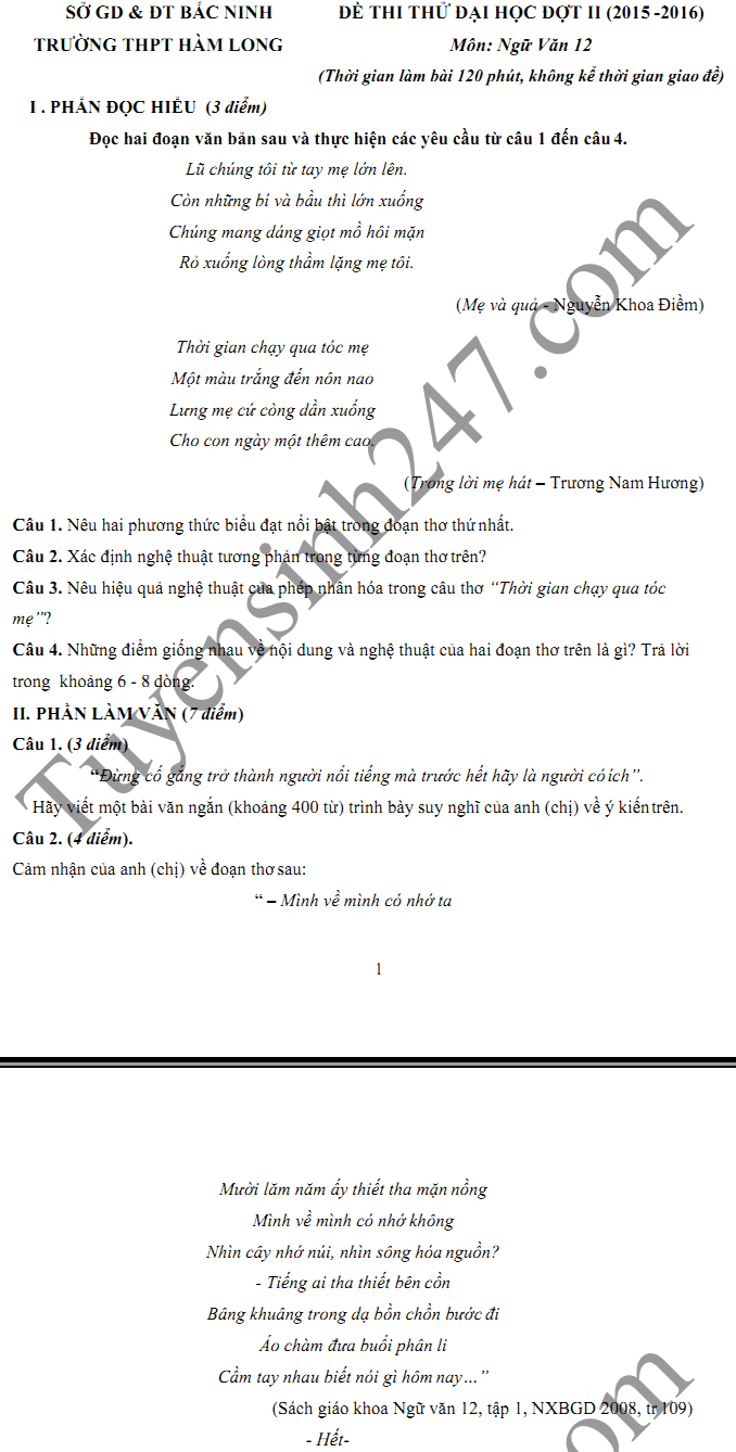 De thi thu THPT Quoc gia mon Van nam 2016 - THPT Ham Long