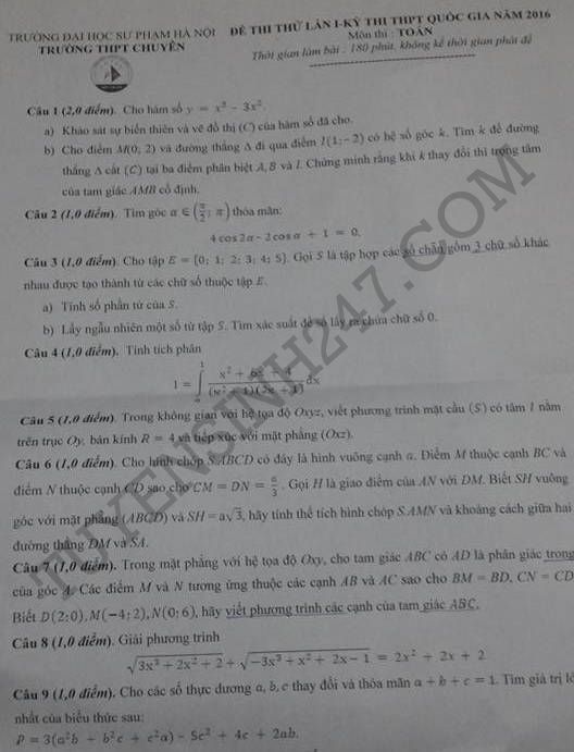 De thi thu THPT Quoc gia mon Toan 2016 THPT chuyen DH Su Pham Ha Noi