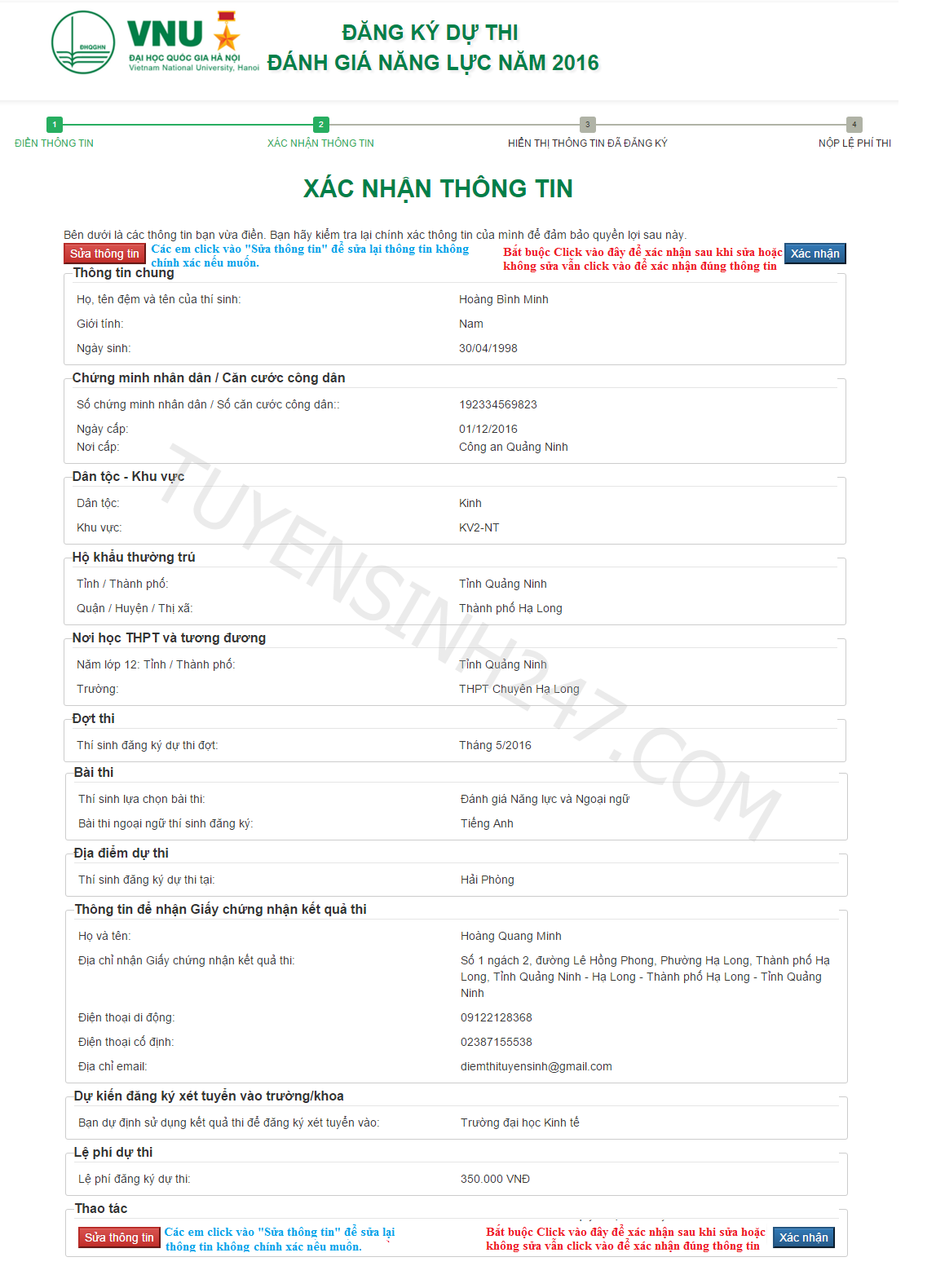 Cac buoc dang ky ho so truc tuyen vao Dai hoc quoc gia Ha Noi 2016