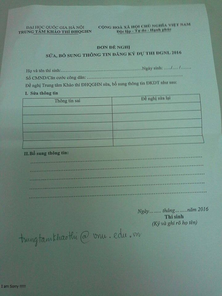 Cach sua thong tin dang ky du thi Dai hoc Quoc gia Ha Noi 2016