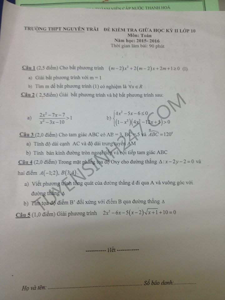 De thi giua hoc ki 2 lop 10 mon Toan - THPT Nguyen Trai