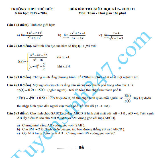 De thi giua hoc ki 2 lop 11 mon Toan - THPT Thu Duc nam 2016