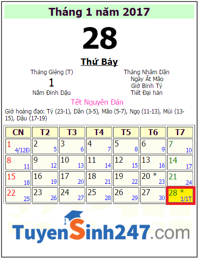 Tet 2017 vao ngay may duong lich?