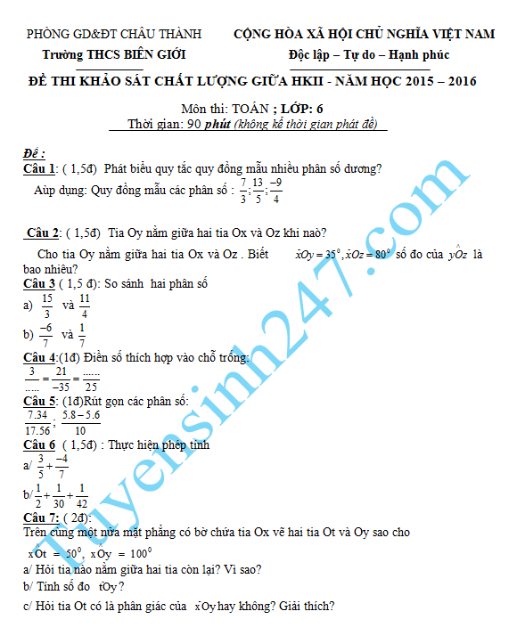 De thi giua hoc ki 2 lop 6 mon Toan nam 2016 - THCS Bien Gioi