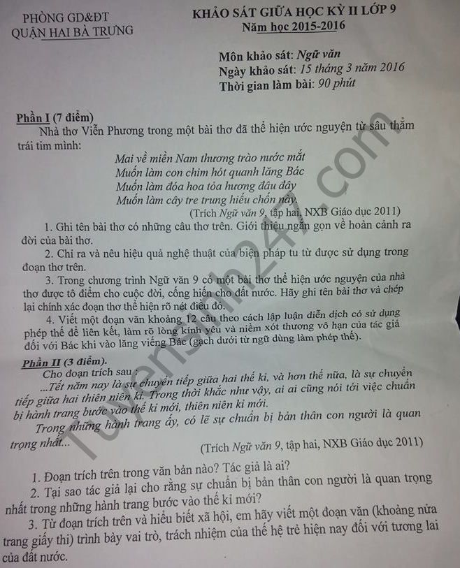 De thi giua hoc ki 2 lop 9 mon Van –  Hai Ba Trung 2016