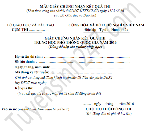 Khi nao nhan duoc giay chung nhan ket qua thi THPT Quoc gia 2016?