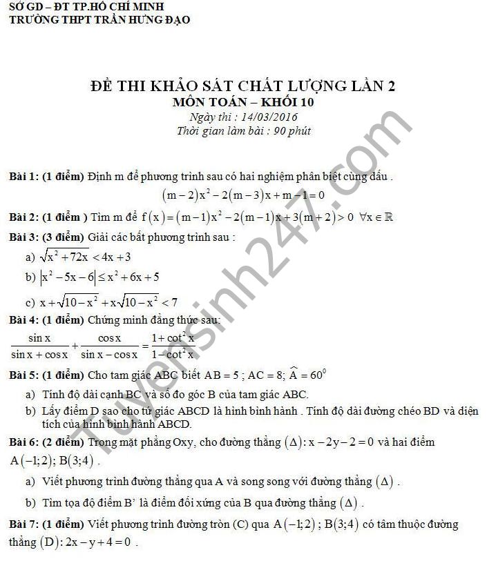 De thi giua hoc ki 2 lop 10 mon Toan 2016 – THPT Tran Hung Dao