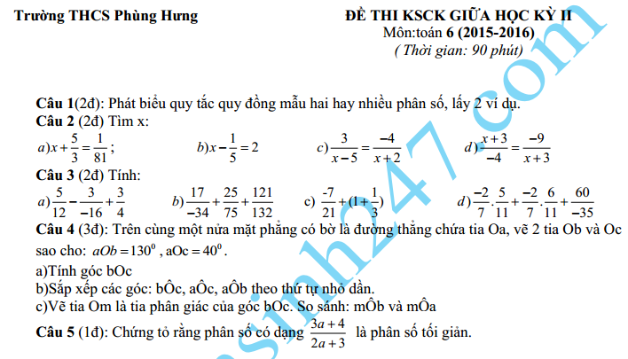 De thi giua hoc ki 2 lop 6 mon Toan – THCS Phung Hung 2016
