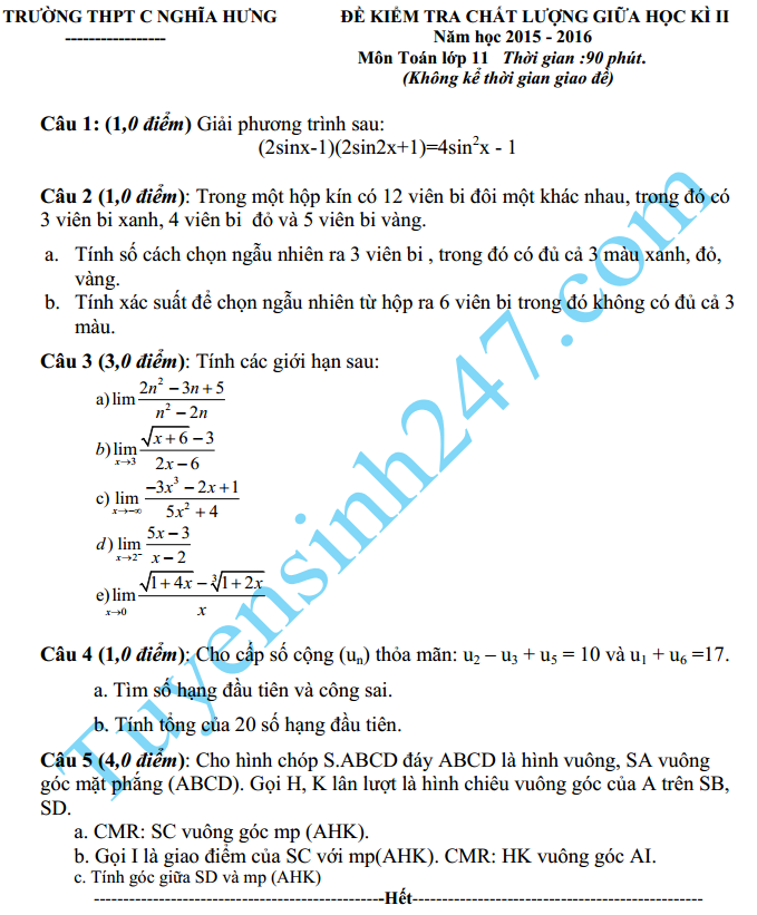 De thi giua hoc ki 2 mon Toan 11 – THPT Nghia Hung C nam 2016