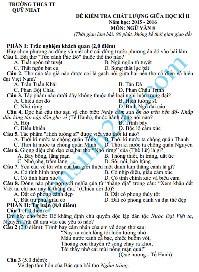 De thi giua hoc ki 2 lop 8 mon Van 2016 – THPT Quy Nhat