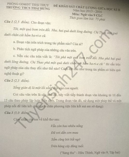 De thi giua hoc ki 2 mon Van lop 9 – THCS Thai Hung 2016