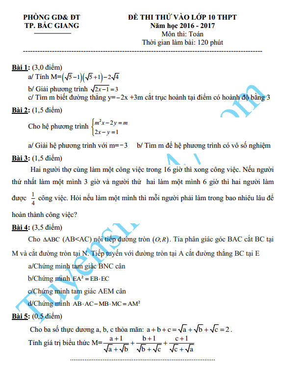 De thi thu vao lop 10 mon Toan nam 2016 - TP Bac Giang
