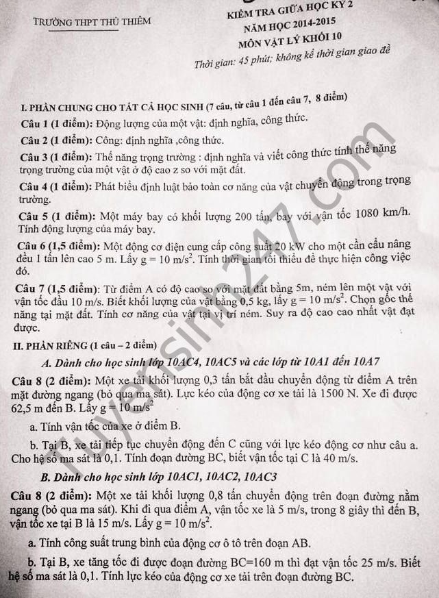 De thi giua hoc ki 2 lop 10 mon Ly – THPT Thu Thiem 2015 - 2016