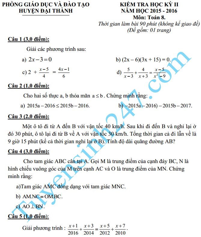 De thi hoc ki 2 lop 8 nam 2016 mon Toan – Dai Thanh