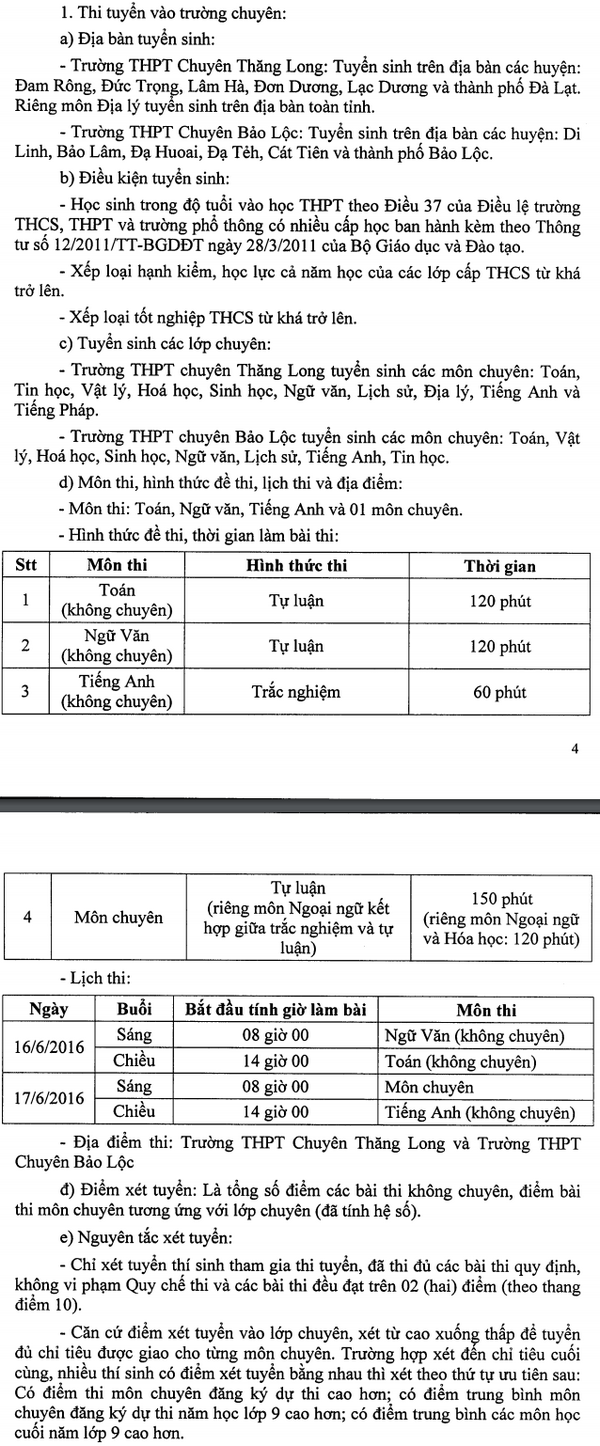 Lich thi vao THPT chuyen Thang Long va chuyen Bao Loc - Lam Dong 2016