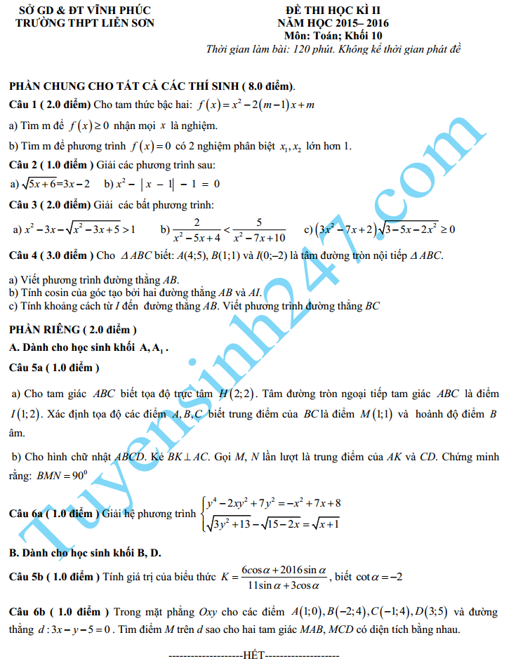 De thi hoc ki 2 nam 2016 lop 10 mon Toan THPT Lien Son