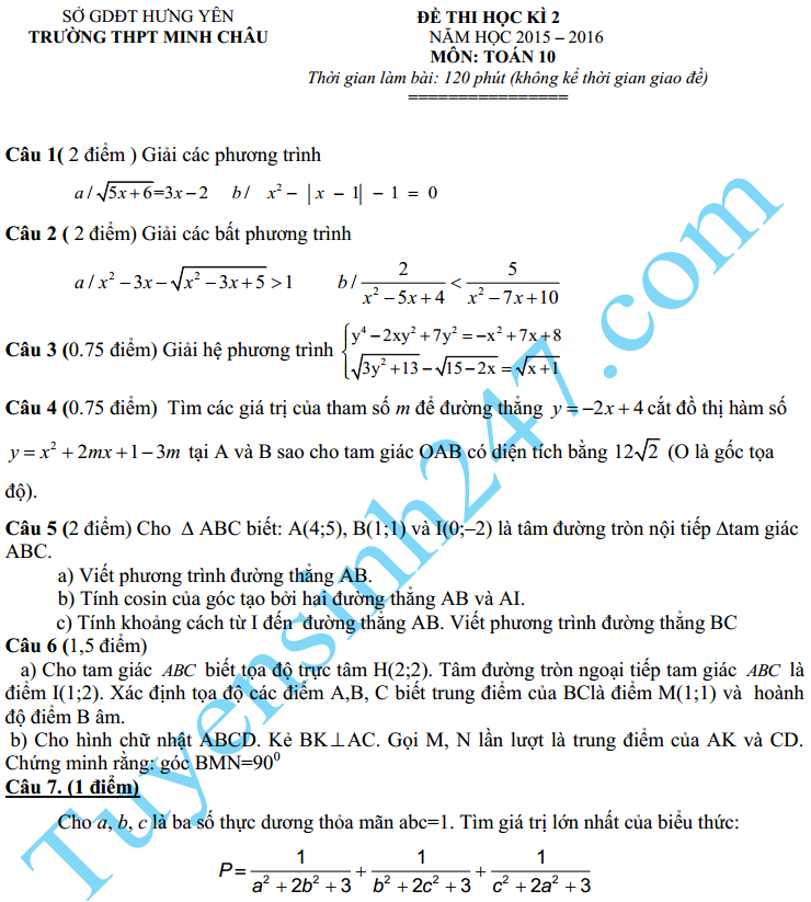 De thi hoc ki 2 lop 10 mon Toan 2016 – THPT Minh Chau