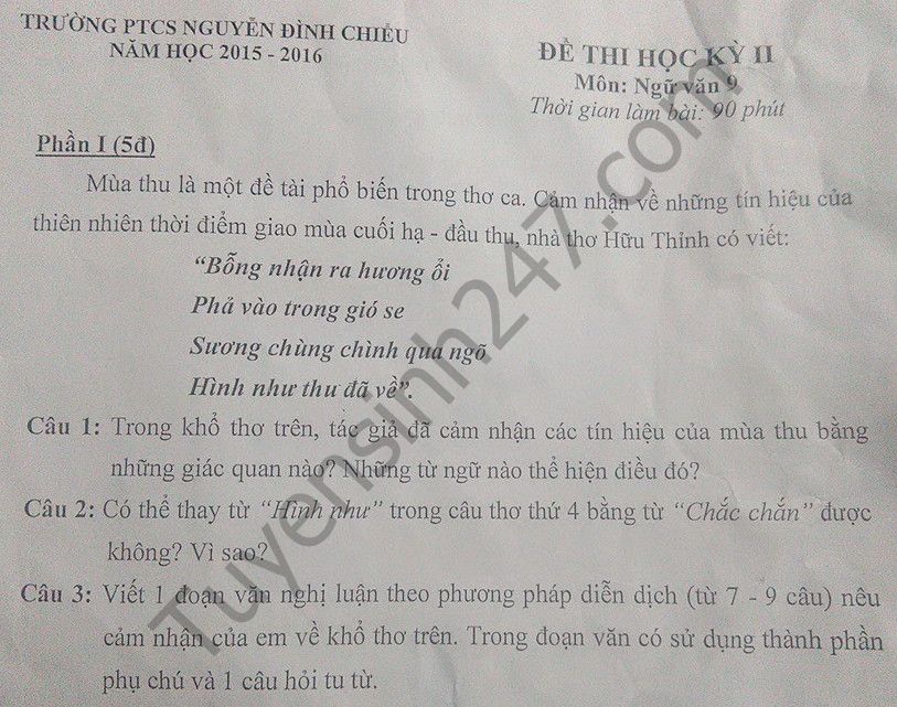 De thi hoc ki 2 lop 9 mon Van – THCS Nguyen Dinh Chieu 2016