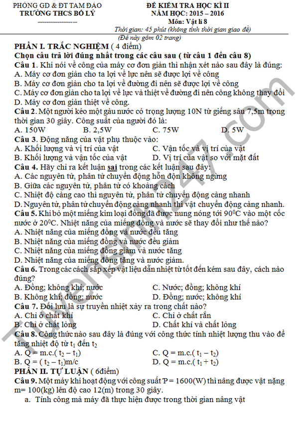 De thi hoc ki 2 lop 8 mon Ly –  THCS Bo Ly 2016