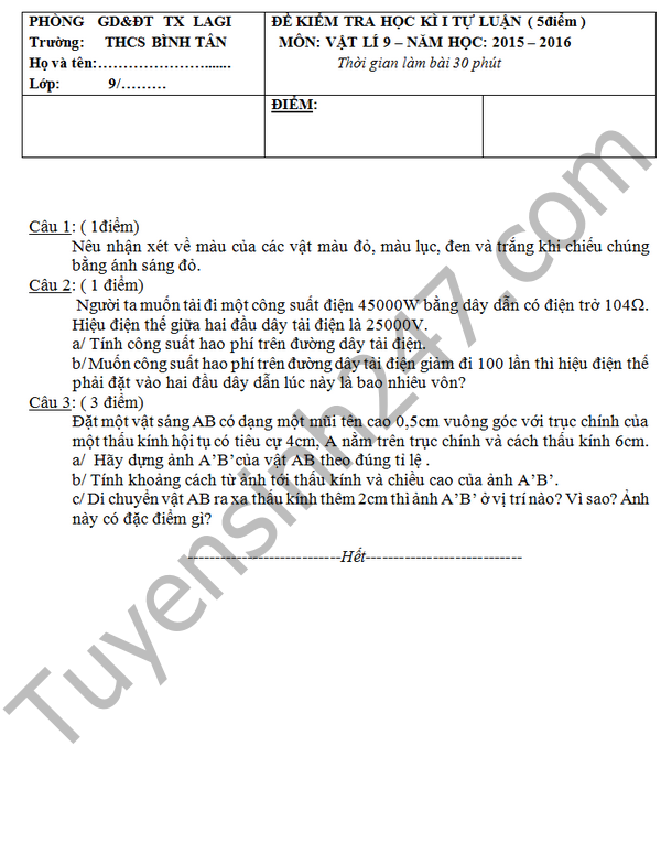 De thi hoc ki 2 lop 9 mon Vat li – THCS Binh Tan 2016