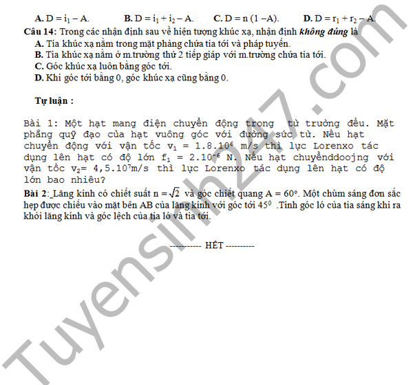 De thi hoc ki 2 lop 11 mon Vat li –  THPT Tung Thien 2016