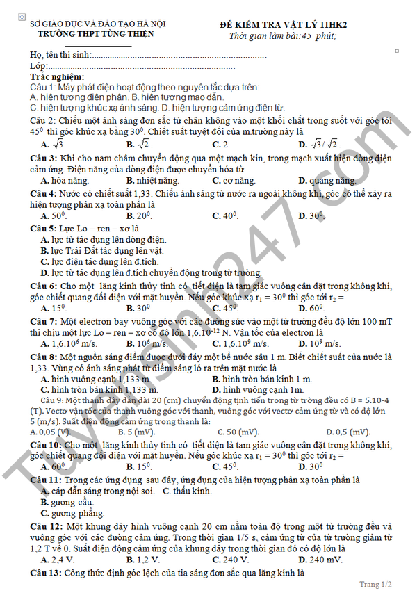 De thi hoc ki 2 lop 11 mon Vat li –  THPT Tung Thien 2016