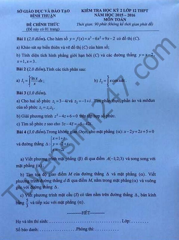 De thi hoc ki 2 lop 12 nam 2016 mon Toan – So GD Binh Thuan