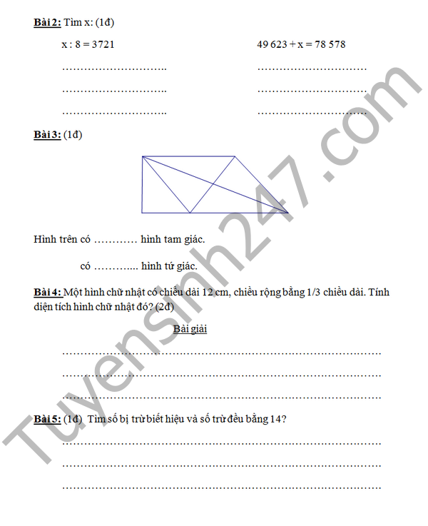 De thi hoc ki 2 lop 3 nam 2016 mon Toan – Tieu hoc Tri Thuc