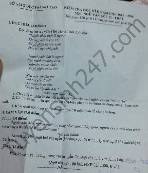 De thi hoc ki 2 lop 12 nam 2016 mon Van  – So GD-DT Binh Duong