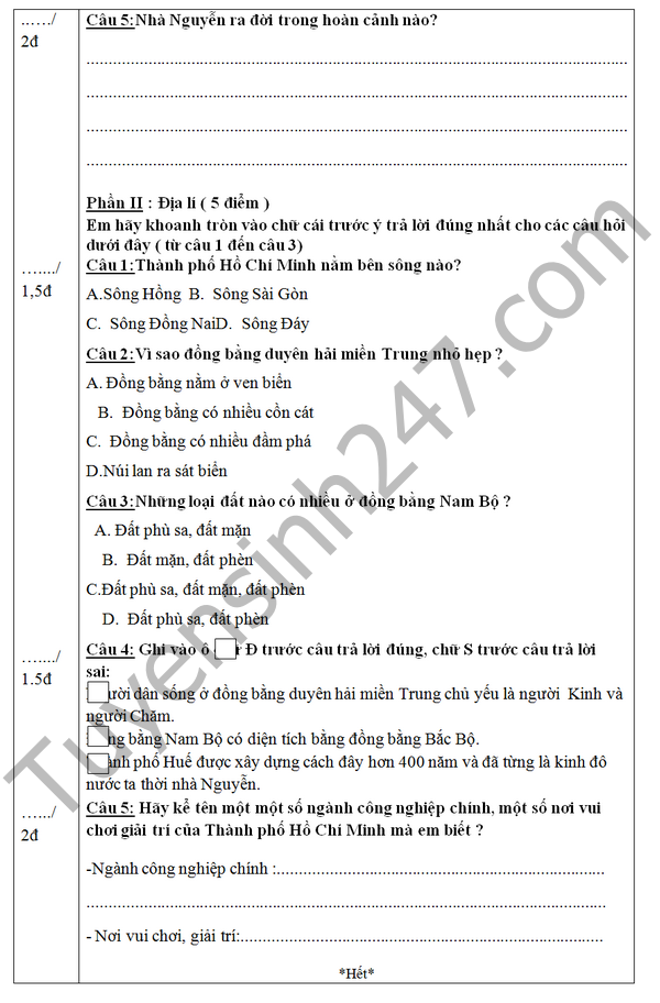 De kiem tra hoc ki 2 lop 4 mon Su, Dia 2016 - TH Binh Long