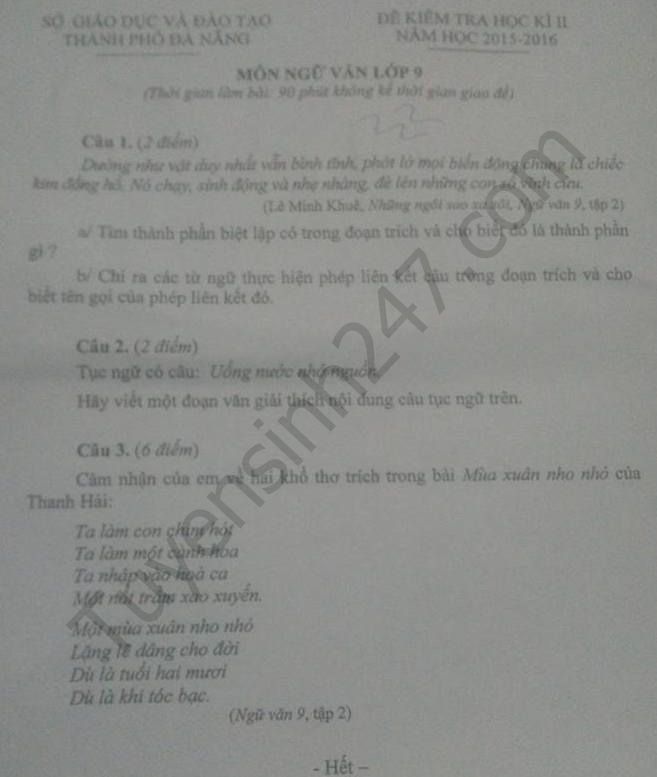 De thi hoc ki 2 lop 9 mon Van  – So GD Da Nang 2016