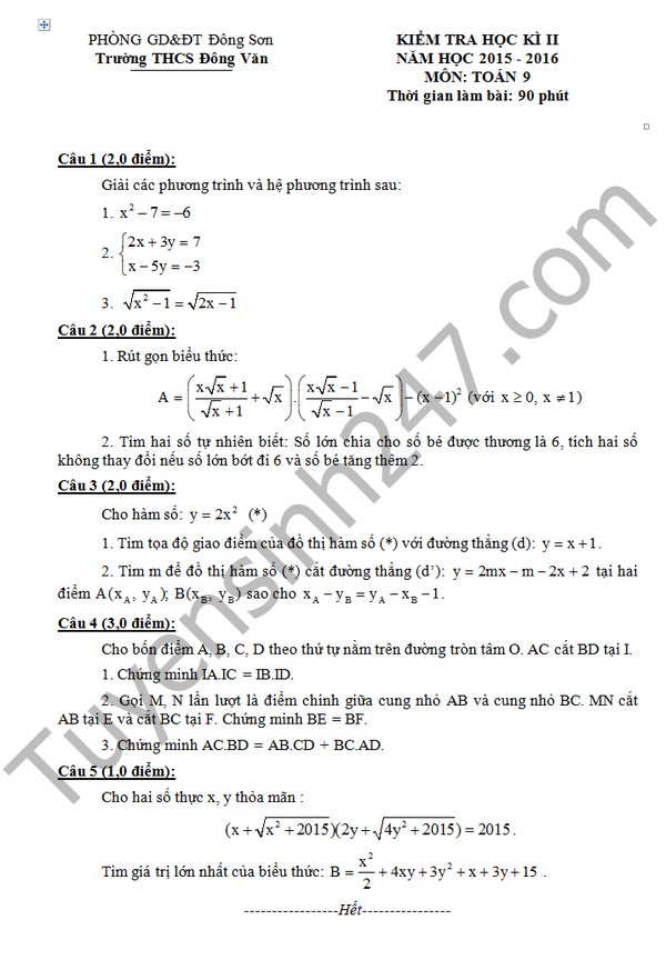 De thi hoc ki 2 lop 9 mon Toan – THCS Dong Van 2016