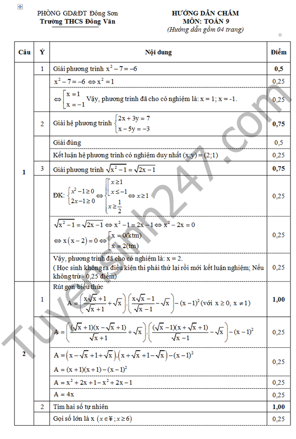 De thi hoc ki 2 lop 9 mon Toan – THCS Dong Van 2016