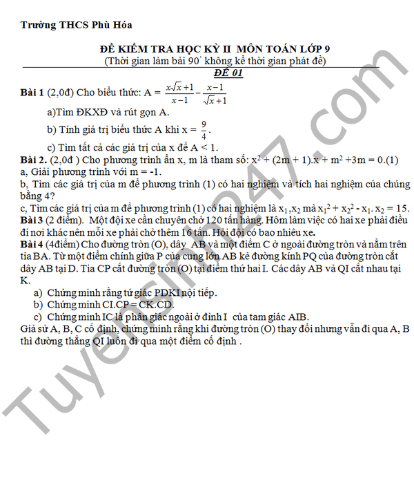 De thi hoc ki 2 lop 9 mon Toan – THCS Phu Hoa 2016