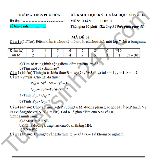 De thi hoc ki 2 lop 7 mon Toan – THCS Phu Hoa 2016