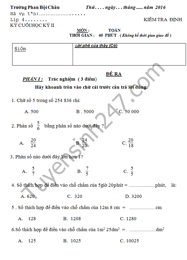 De kiem tra hoc ki 2 lop 4 mon Toan  2016 - TH Phan Boi Chau
