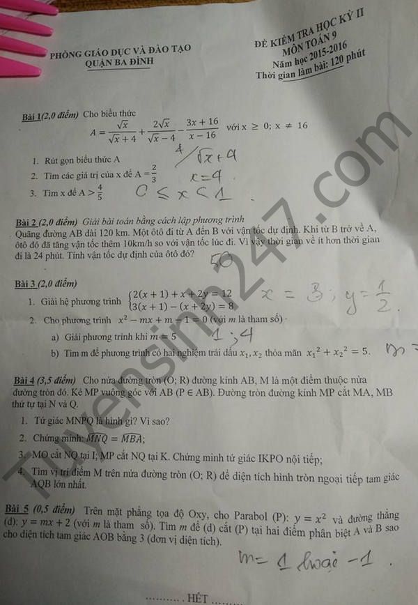 De thi hoc ki 2 lop 9 mon Toan – Phong GD Ba Dinh 2016