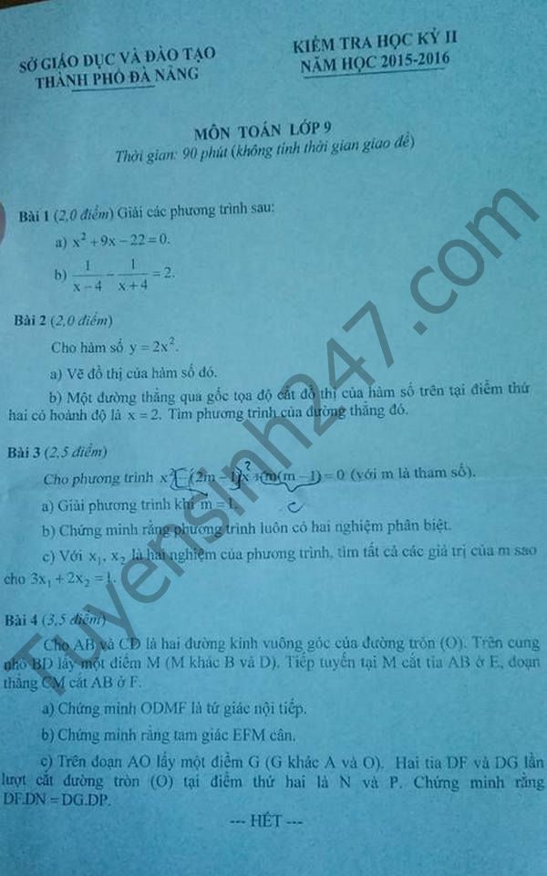De thi hoc ki 2 lop 9 mon Toan –  So GD Da Nang 2016