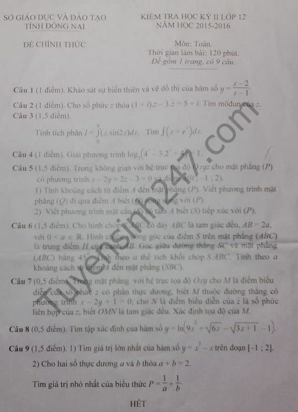 De thi hoc ki 2 lop 12 mon Toan –  So GD Dong Nai  2016