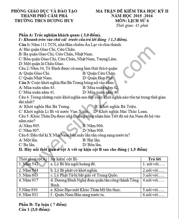 De thi hoc ki 2 lop 6 mon Su- Dia – THCS Duong Huy