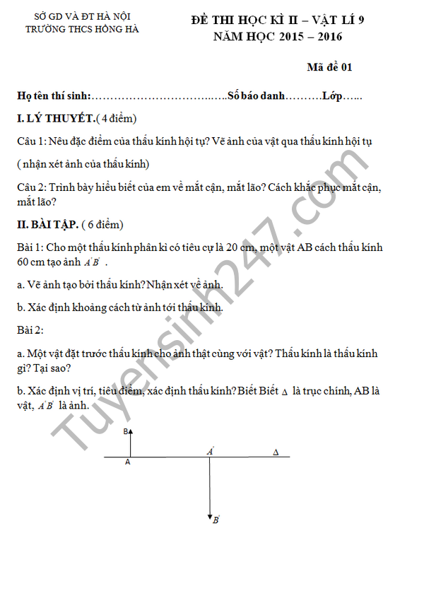 De thi hoc ki 2 lop 9 mon Vat Ly –  THCS Hong Ha 2016