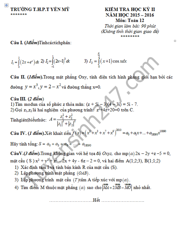De thi hoc ki 2 lop 12 mon Toan –  THPT Yen My 2016