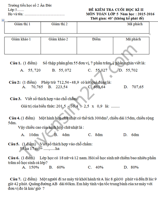 De thi hoc ki 2 lop 5  mon Toan – TH so 2 An Duc 2016