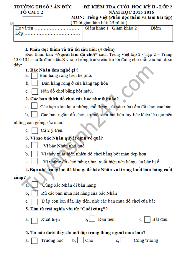 De thi hoc ki 2 lop 2 mon Tieng Viet –  TH so 2 An Duc 2016