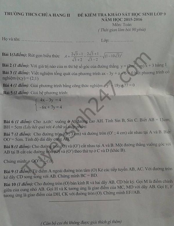 De thi hoc ki 2 lop 9 mon Toan - THCS Chua Hang II 2016